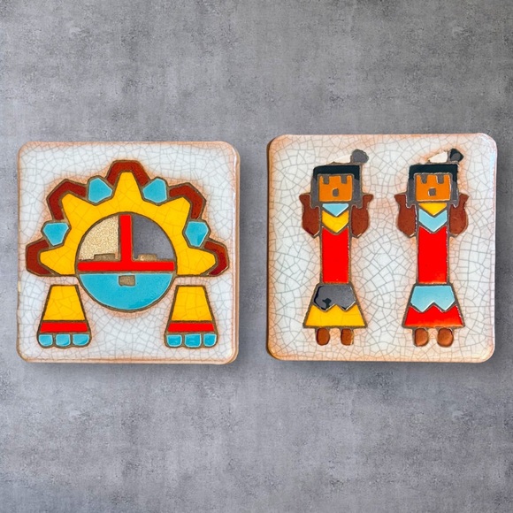 2 ARIUS Santa Fe Pottery Art Tiles 4” Southwest Hopi Native American Sun God Yei - Picture 2 of 13